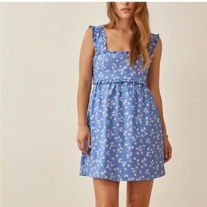 Reformation | Liah Blue & White Floral Tie Back Mini Sleeveless Ruffle Dress XL